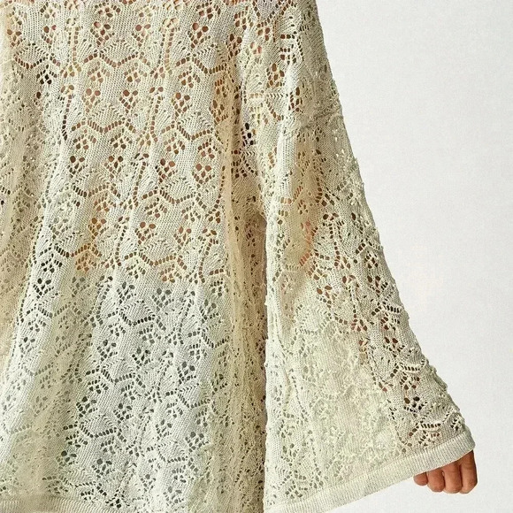 Beige Casual Women's Hollow Out Knitted Cardigan With Flared Sleeves - Picture 8 of 8